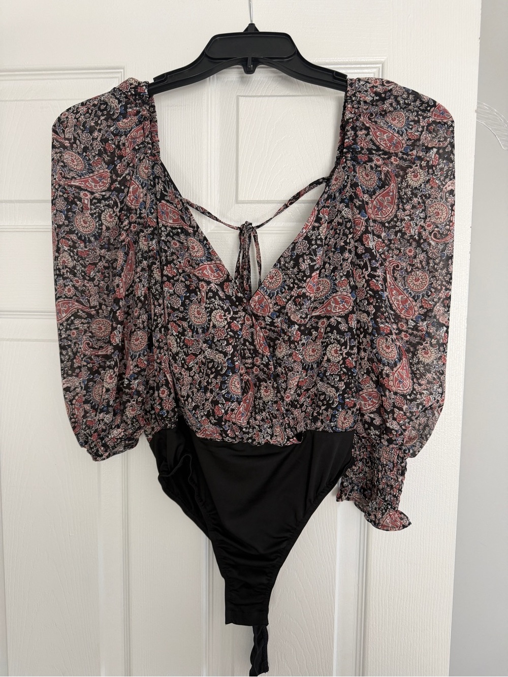 Sheer Paisley Black Tie-Back Blouse Bodysuit